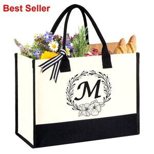 Large Canvas Tote Bag Personalized Initial Design Beach Work Travel